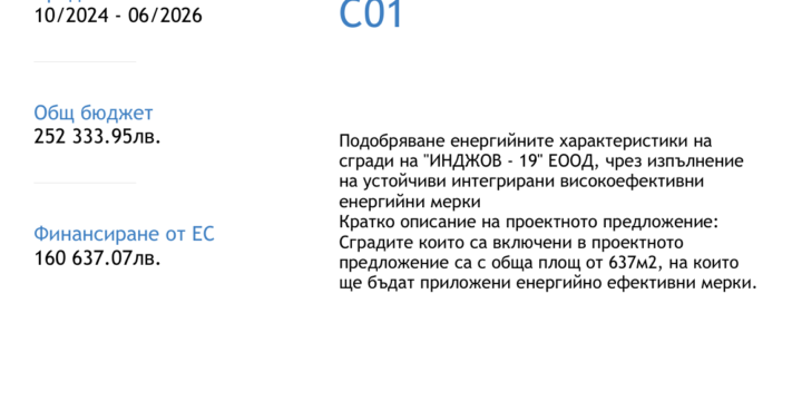 Подобряване енергийните характеристики на сгради на “ИНДЖОВ – 19” ЕООД